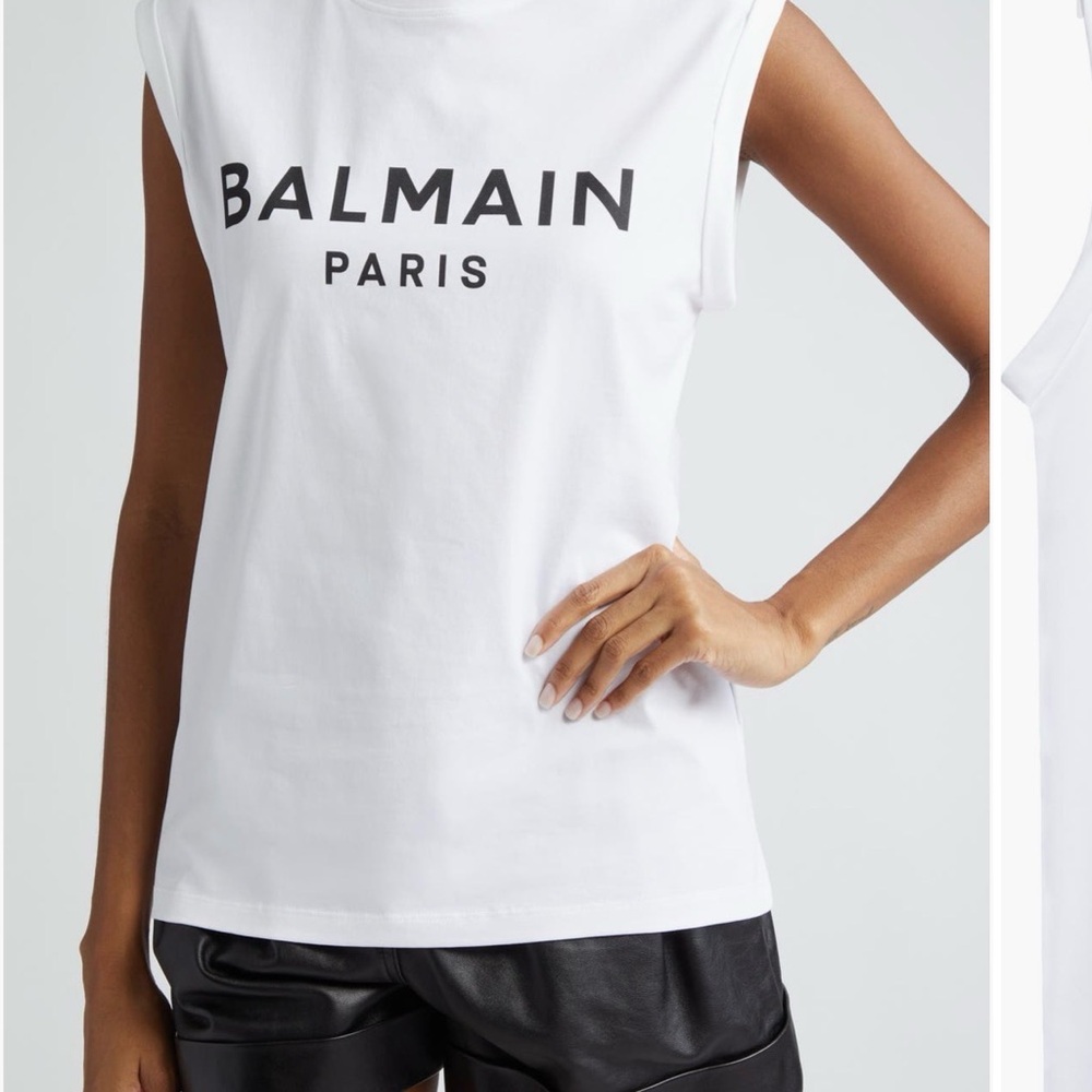 Balmain White Muscle Tee with Black Logo